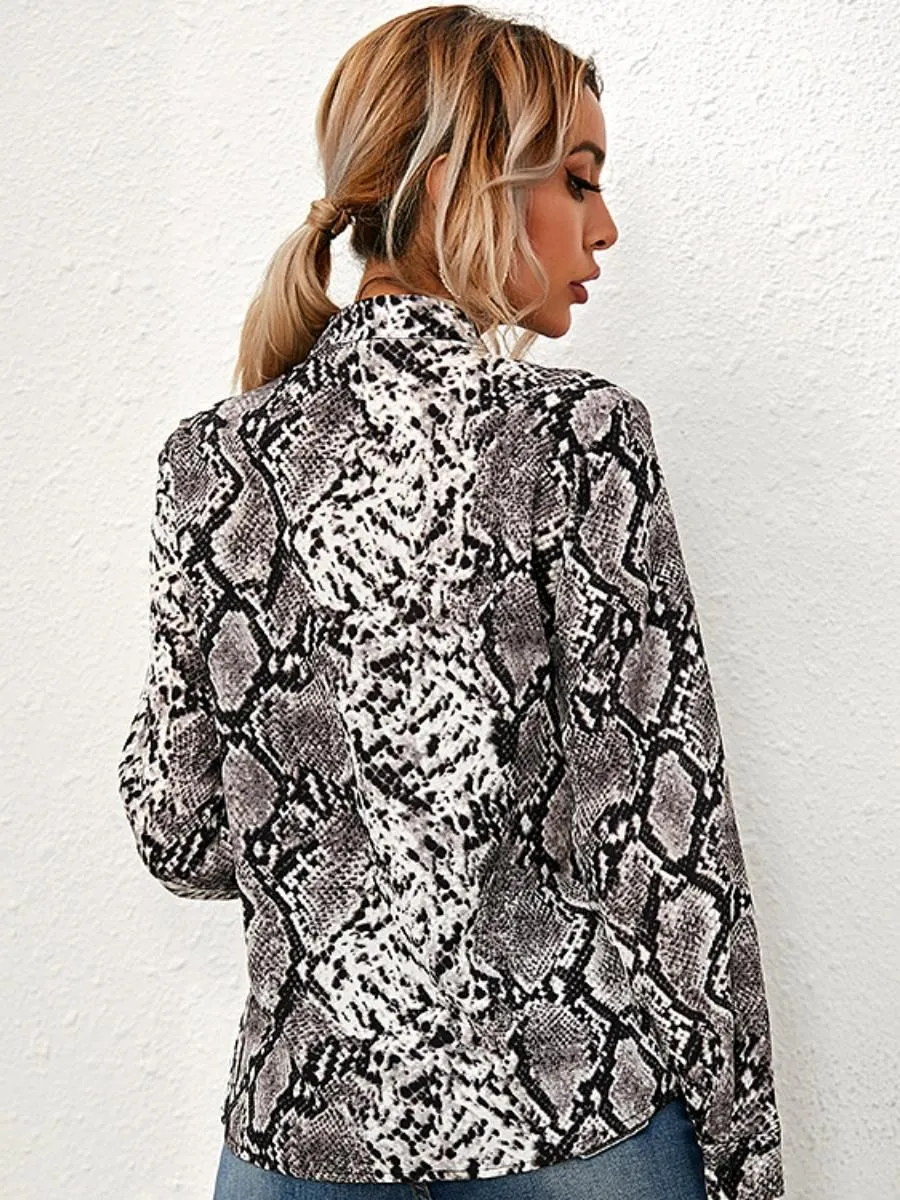 Luexco Leopard Print Blouse Long Sleeve Turn Down Collar Loose