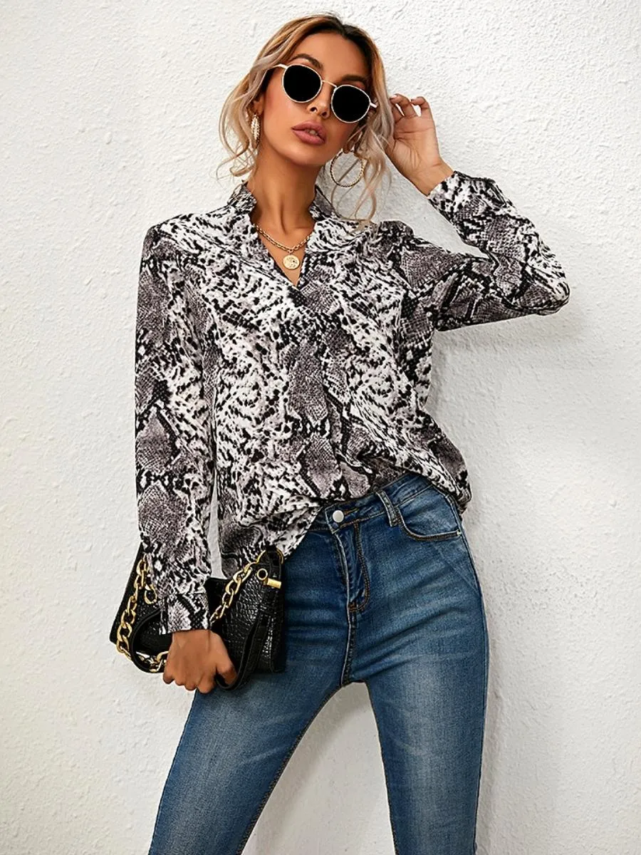 Luexco Leopard Print Blouse Long Sleeve Turn Down Collar Loose