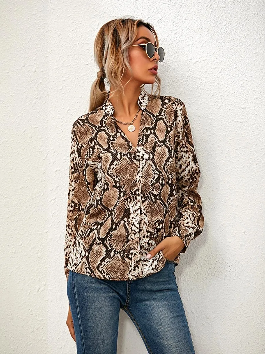 Luexco Leopard Print Blouse Long Sleeve Turn Down Collar Loose