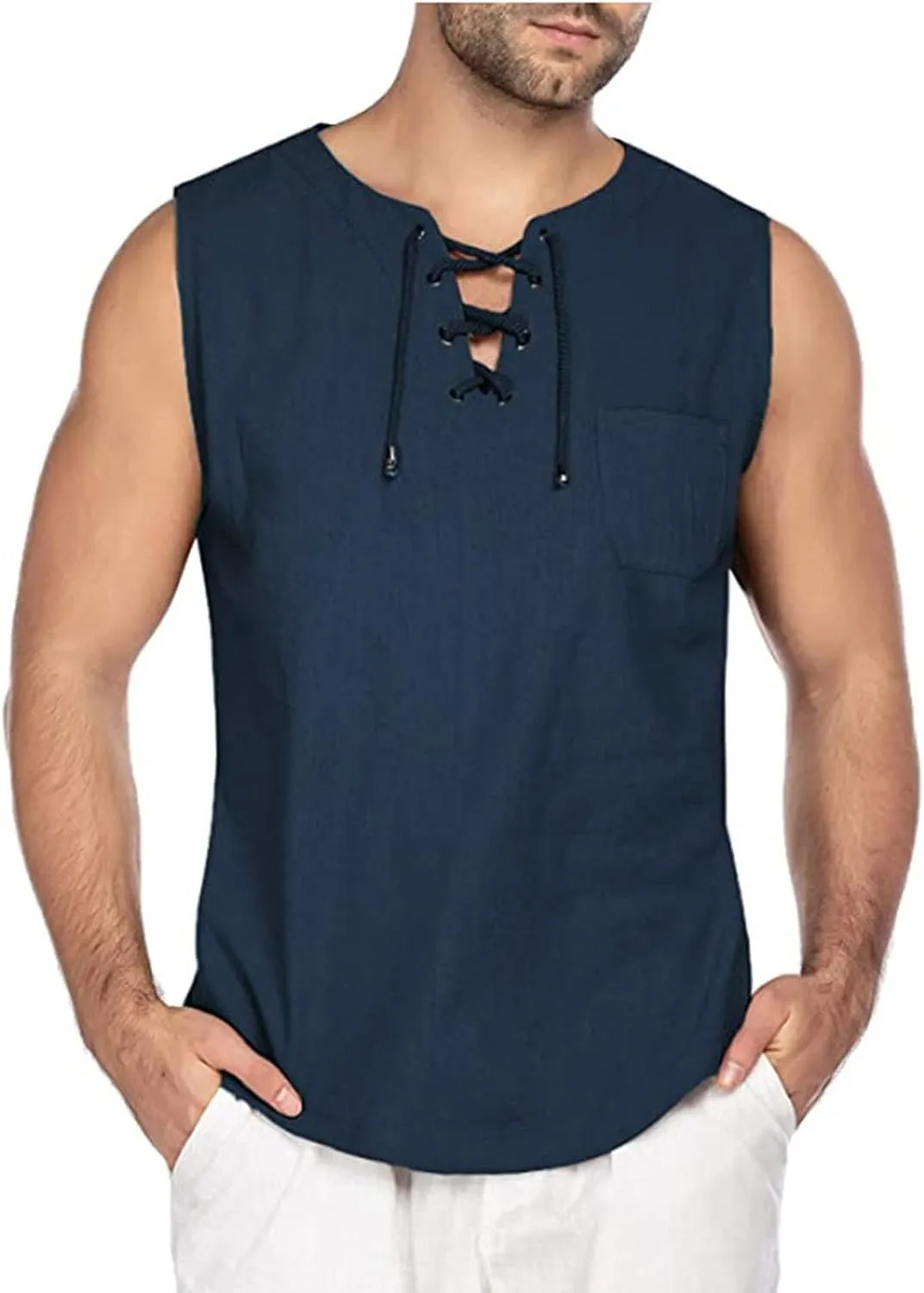 Mens Beach Shirts Summer Casual Baggy Cotton Linen Sleeveless Tee Shirts V-Neck Drawstring Fashion Hippie Tank Tops