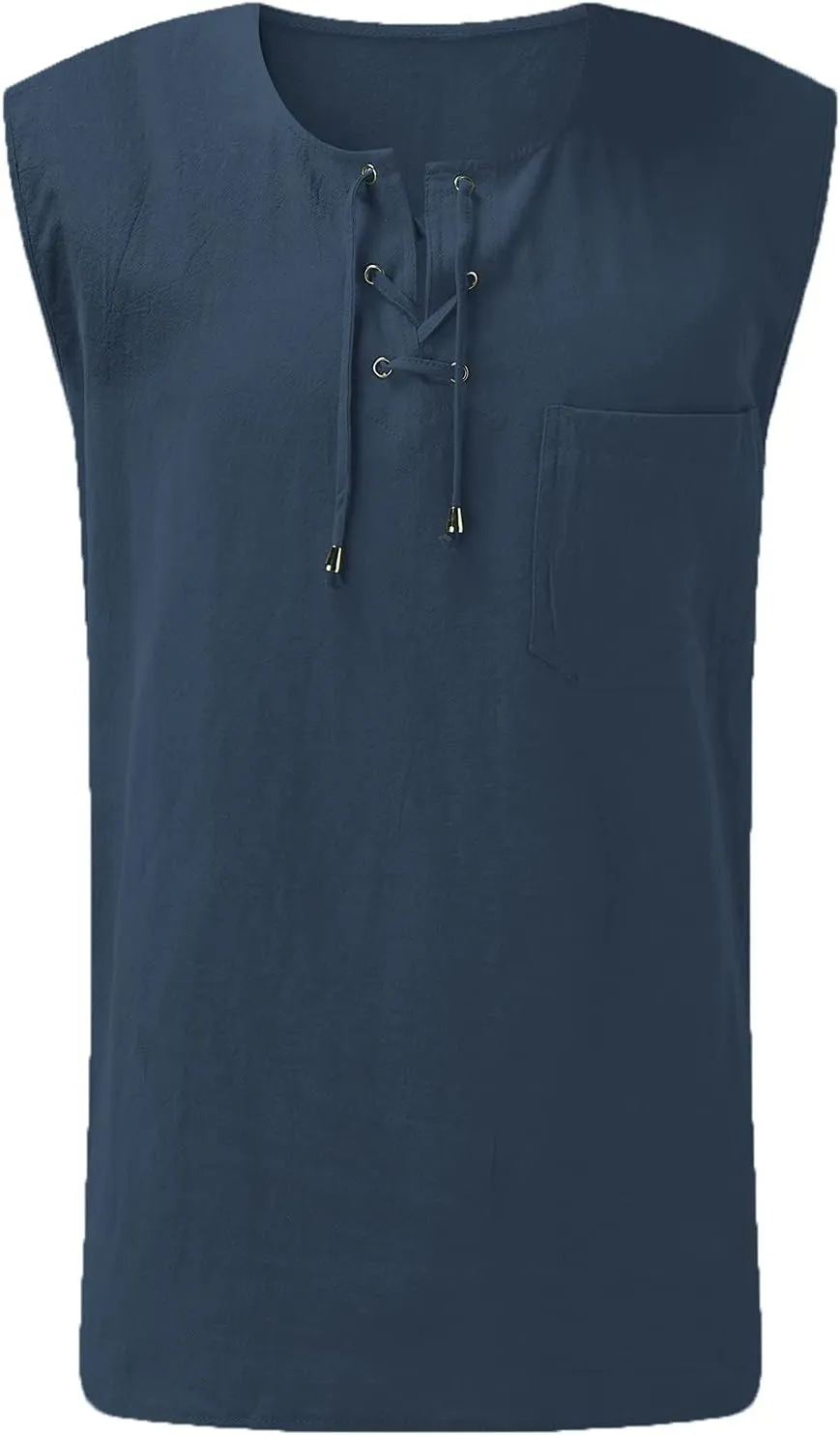 Mens Beach Shirts Summer Casual Baggy Cotton Linen Sleeveless Tee Shirts V-Neck Drawstring Fashion Hippie Tank Tops