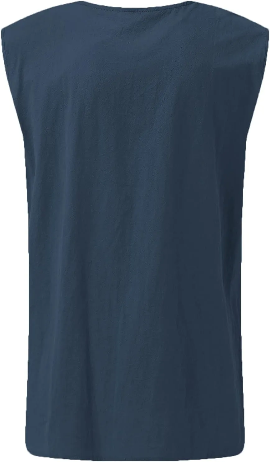 Mens Beach Shirts Summer Casual Baggy Cotton Linen Sleeveless Tee Shirts V-Neck Drawstring Fashion Hippie Tank Tops
