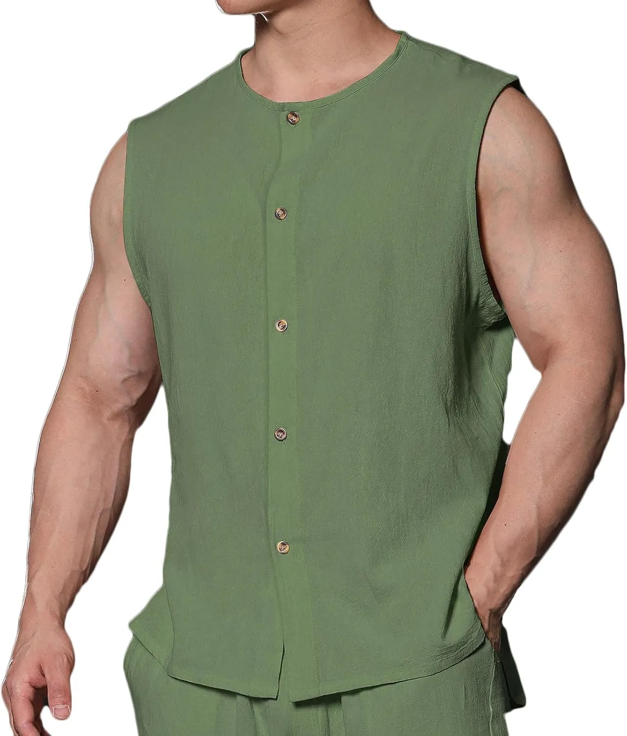 Men's Cotton Linen Vest Shirts Sleeveless Linen Shirt Button Down Tank Tops Crewneck Blouse Breathable Linen Vests Cardigan