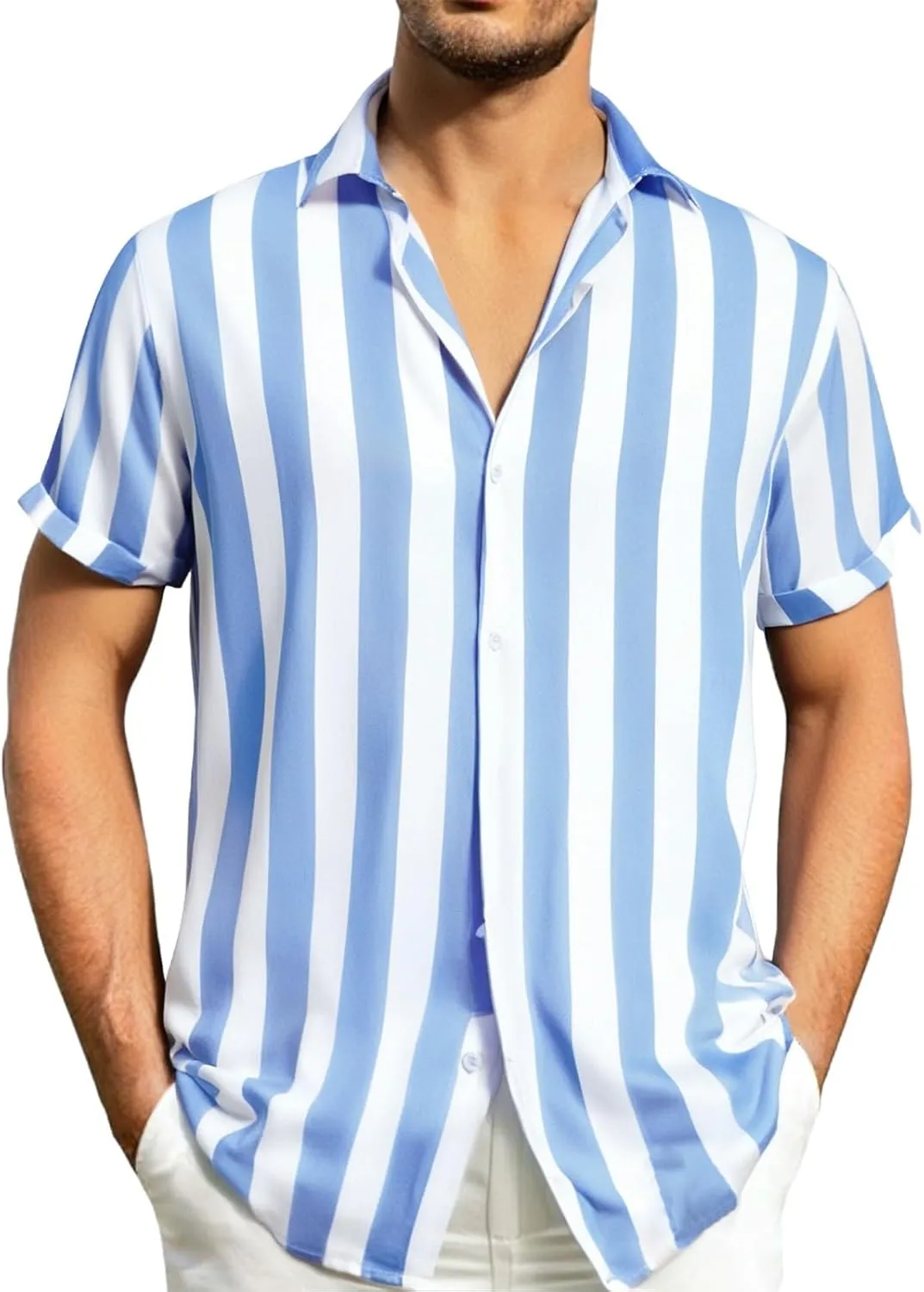 Men's Cuban Guayabera Shirt Fashion Striped Casual Short Sleeve Button Down Summer Hawaiian Tees Vintage Beach Vacation Tops