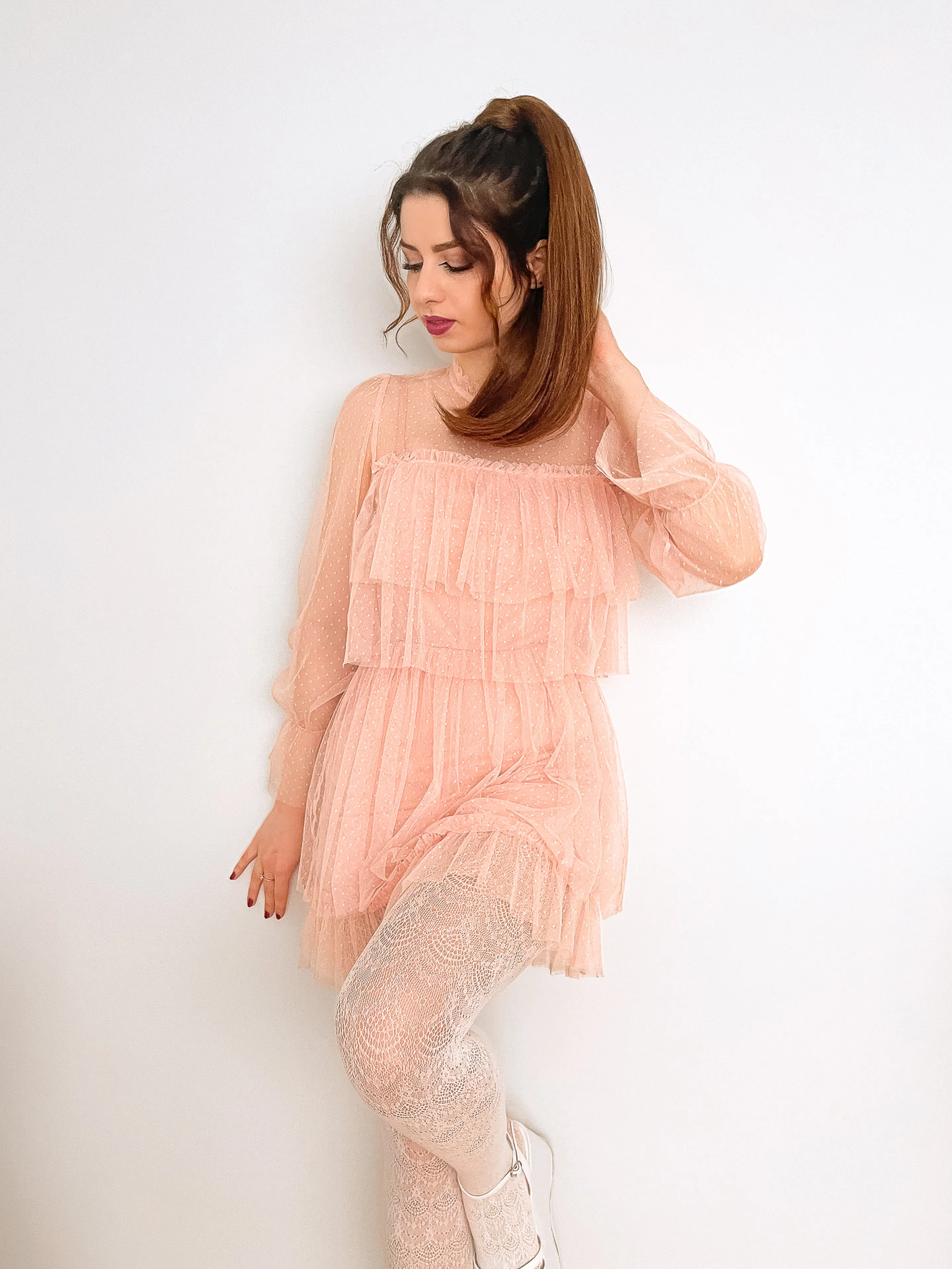 Mesh Polka Dot Dress Pink