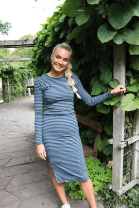 NATALIA-LS-DRESS - ARMY BLUE STRIPE