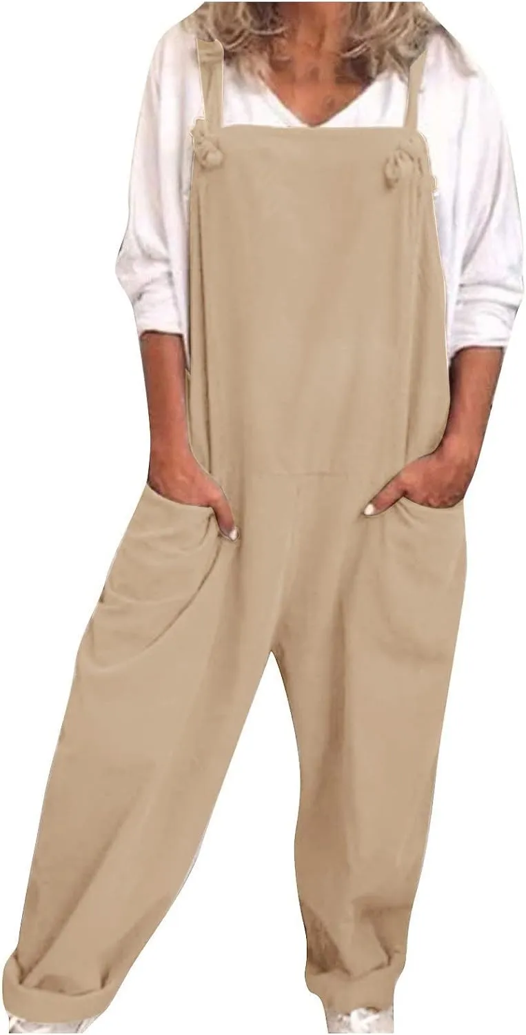 Overalls for Women Linen Plus Size Casual Sleeveless Jumpsuits Loose Fit Adjustable Straps Rompers Bib Overall