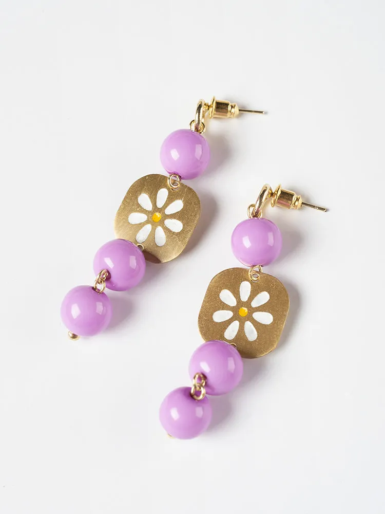 Painted Daisy Dangle Earrings - Lavender