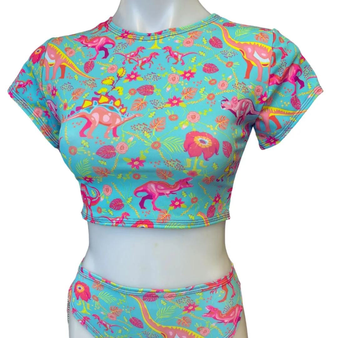 PASTEL PREHISTORIC | Baby Tee , Women's Festival Top, Rave Top | Rave Baby Tee | Baby Tee Festival | Dinosaur