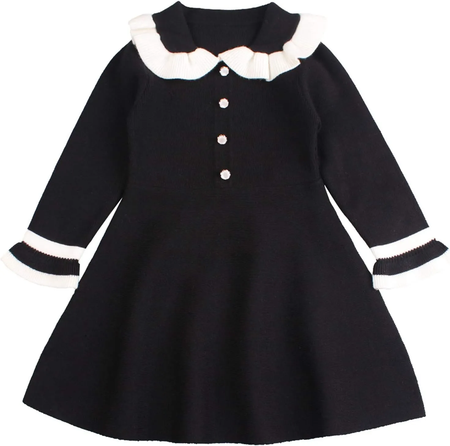 Peecabe Ruffles Toddler Girls Sweater Dress Soft Warm Long Sleeve V-Neck 2-6T Knitted Dress for Fall Winter
