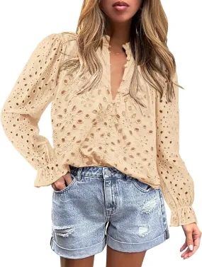 PRETTYGARDEN Women's Dressy Casual Blouse Tops Fall Spring Puff Long Sleeve Button V Neck Hollow Out Lace Embroidered Shirts