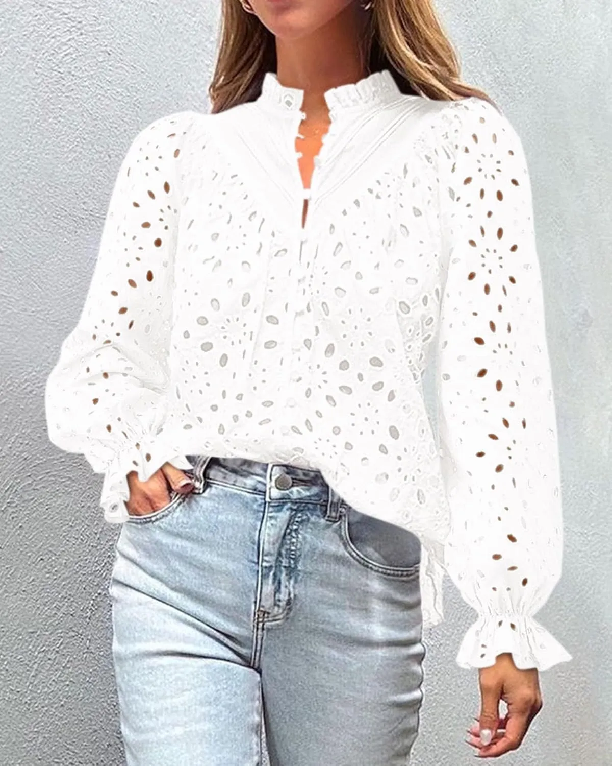 PRETTYGARDEN Women's Dressy Casual Blouse Tops Fall Spring Puff Long Sleeve Button V Neck Hollow Out Lace Embroidered Shirts