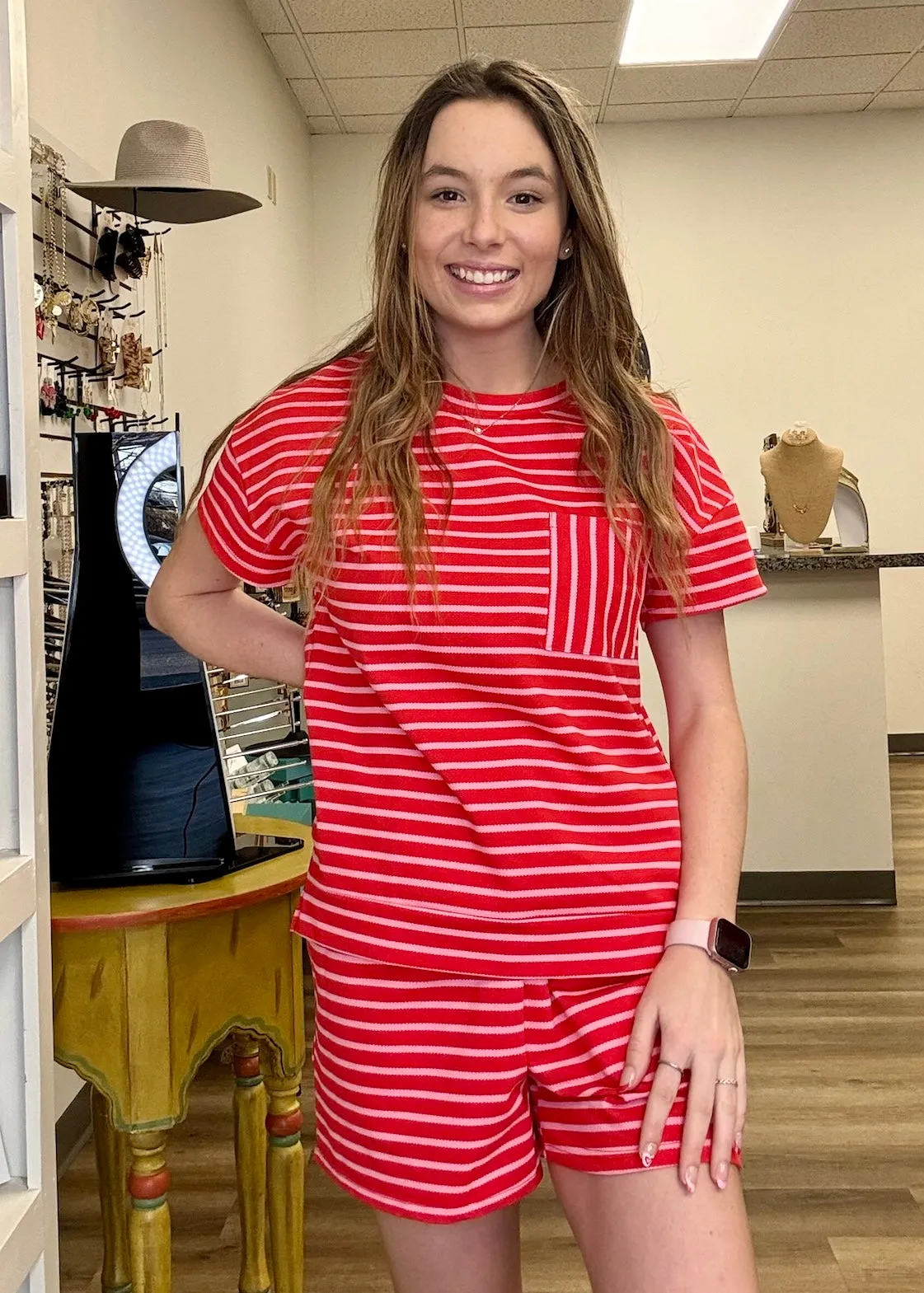 Red/Pink Striped Short Set