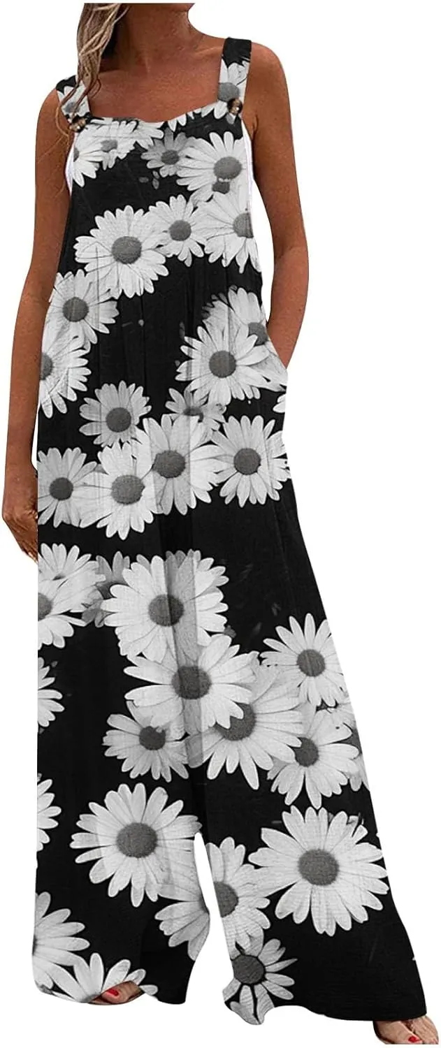 Sinzelimin Womens Wide Leg Jumpsuits Fashion Boho Floral Rompers Summer Beach Casual Loose Comfy Suspender Bib Overalls