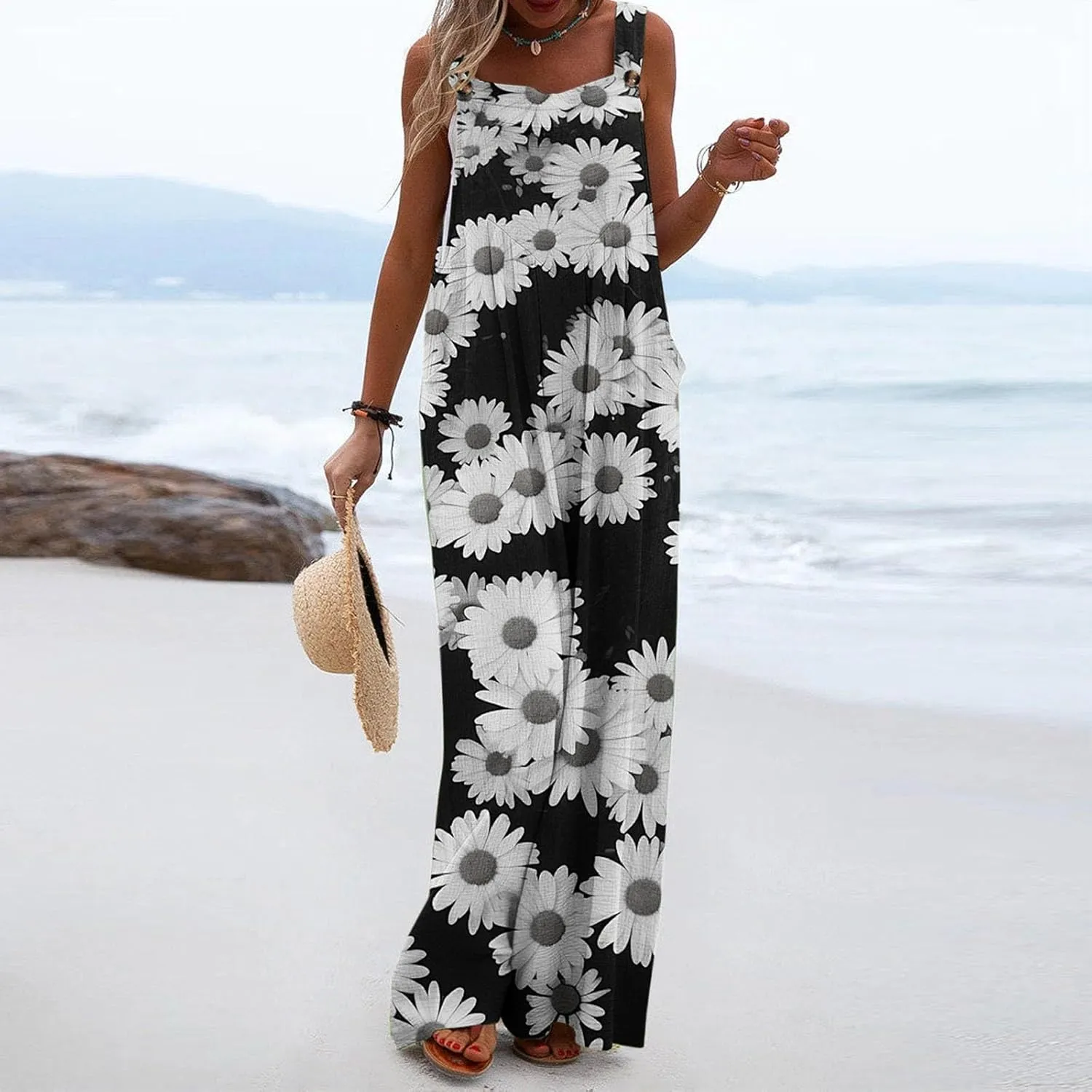 Sinzelimin Womens Wide Leg Jumpsuits Fashion Boho Floral Rompers Summer Beach Casual Loose Comfy Suspender Bib Overalls