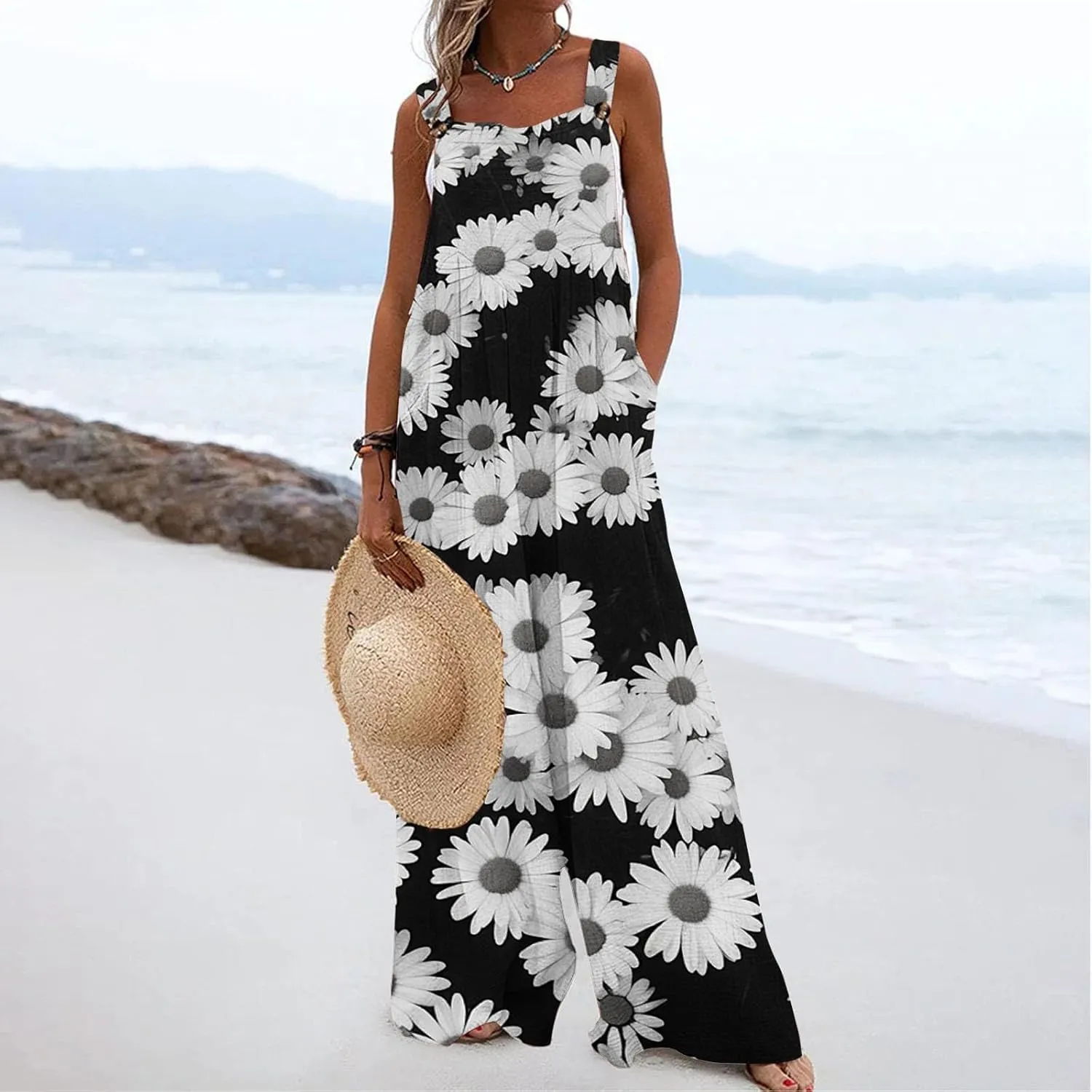 Sinzelimin Womens Wide Leg Jumpsuits Fashion Boho Floral Rompers Summer Beach Casual Loose Comfy Suspender Bib Overalls