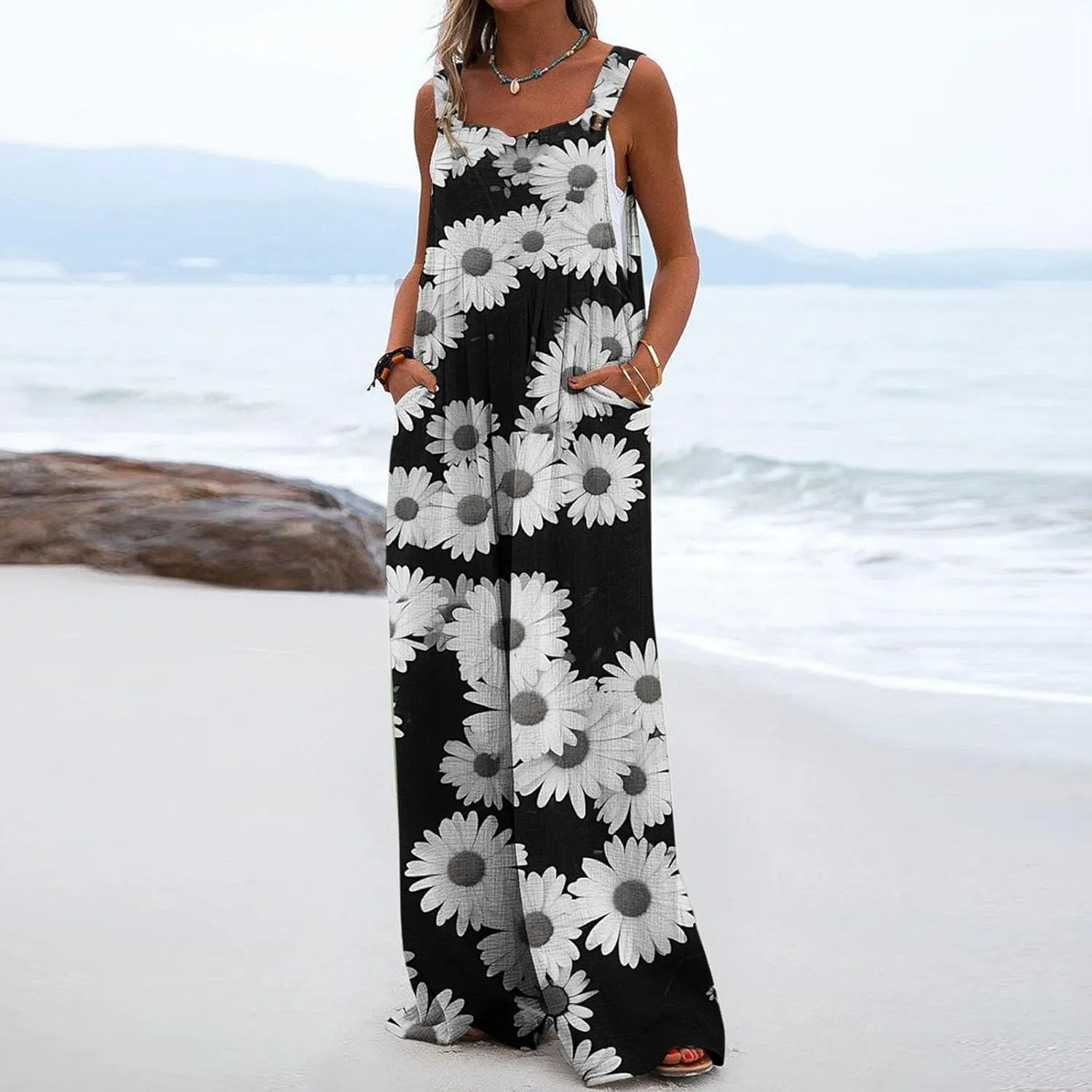 Sinzelimin Womens Wide Leg Jumpsuits Fashion Boho Floral Rompers Summer Beach Casual Loose Comfy Suspender Bib Overalls