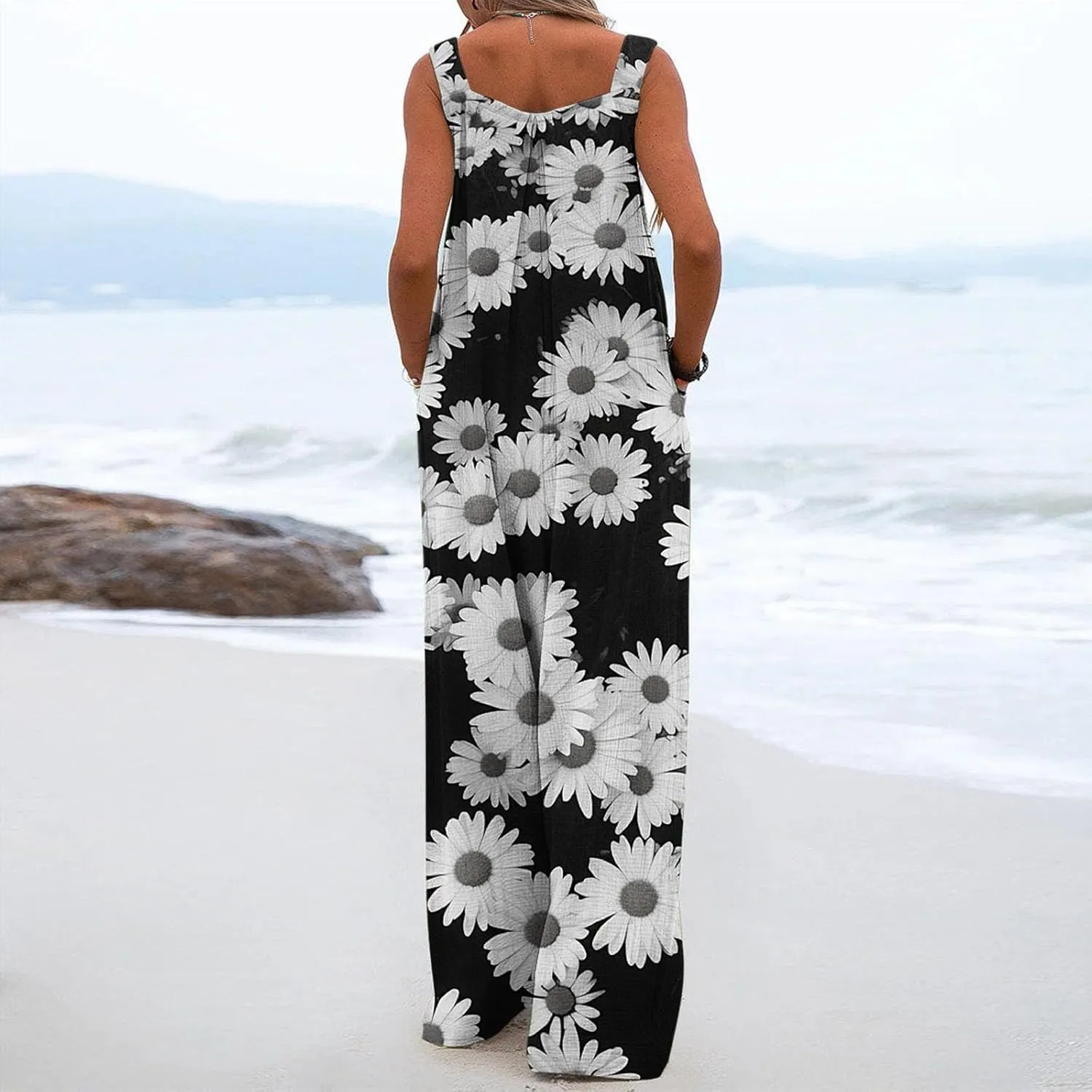 Sinzelimin Womens Wide Leg Jumpsuits Fashion Boho Floral Rompers Summer Beach Casual Loose Comfy Suspender Bib Overalls