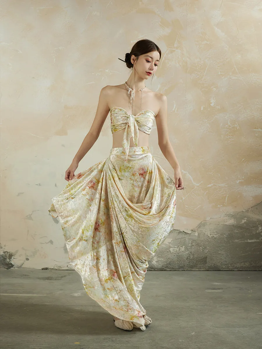 Speckled Asymmetry Drape Feminine Velvet Elegant Long-Skirt