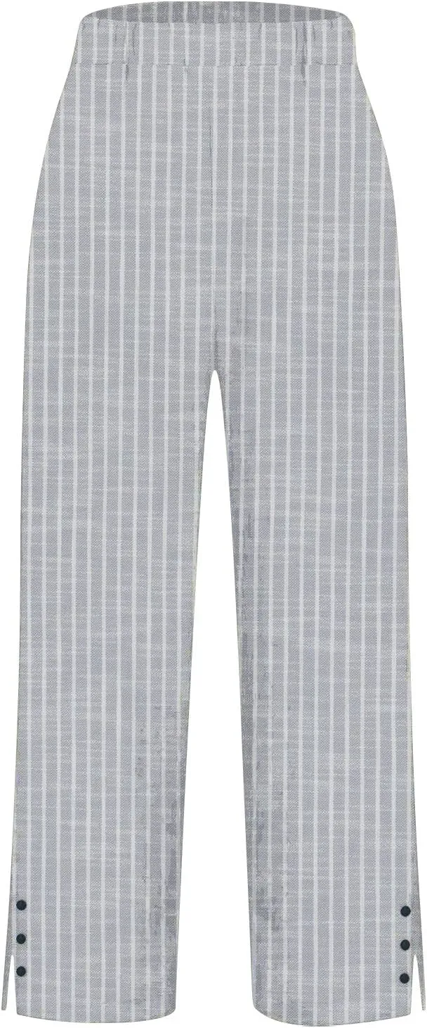 Striped Linen Pants for Women Summer Casual Beach Capris High Waisted Light Weight Gauze Vacation Pinstripe Trousers