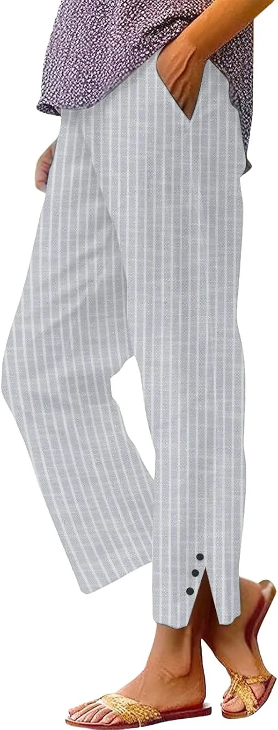 Striped Linen Pants for Women Summer Casual Beach Capris High Waisted Light Weight Gauze Vacation Pinstripe Trousers