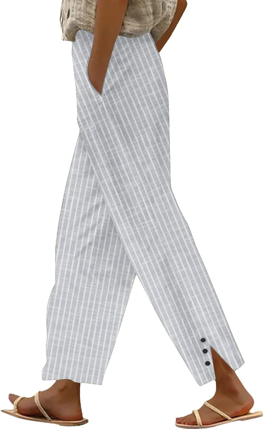 Striped Linen Pants for Women Summer Casual Beach Capris High Waisted Light Weight Gauze Vacation Pinstripe Trousers