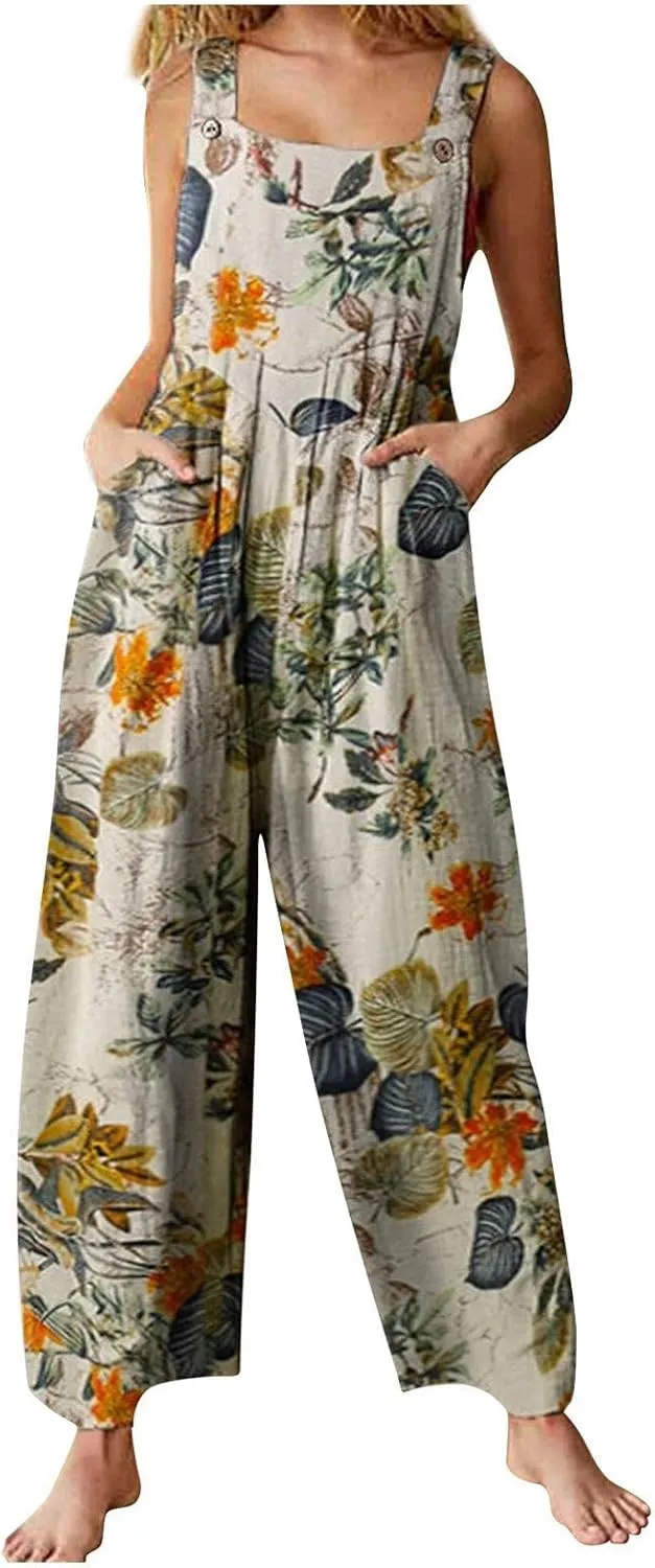 Summer Jumpsuit for Women,Boho Spaghetti Strap Overalls Retro Ethnic Style Rompers Loose Jumpsuits with Pockets