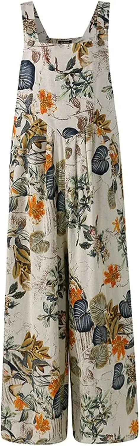 Summer Jumpsuit for Women,Boho Spaghetti Strap Overalls Retro Ethnic Style Rompers Loose Jumpsuits with Pockets