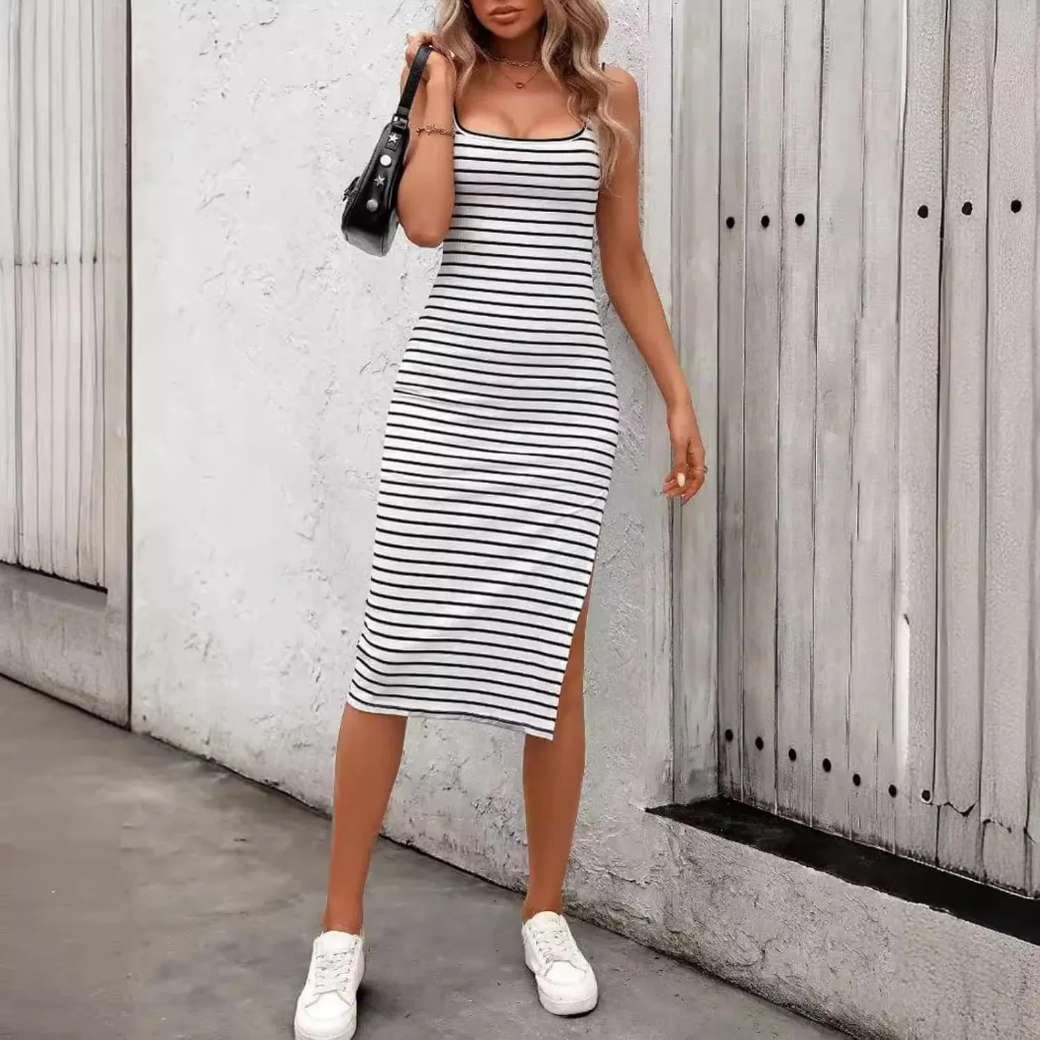 Summer Sleeveless Striped Knit Tight Dress Square Neck Side Split Vest Ribbed Sweater Dresses