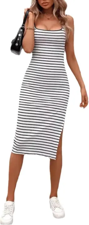 Summer Sleeveless Striped Knit Tight Dress Square Neck Side Split Vest Ribbed Sweater Dresses