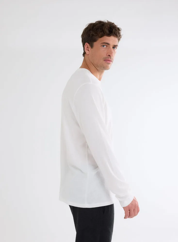 T-shirt Blanc Col Rond Manches Longues en Coton et Cachemire