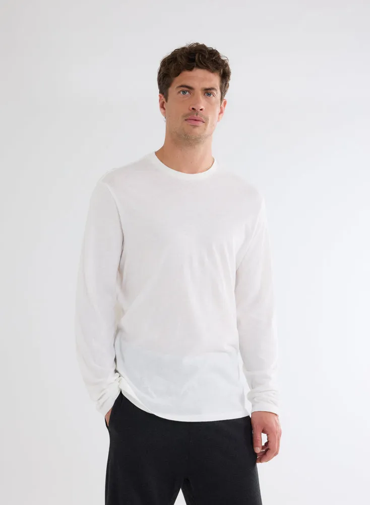 T-shirt Blanc Col Rond Manches Longues en Coton et Cachemire
