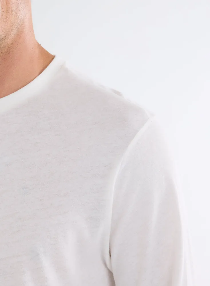 T-shirt Blanc Col Rond Manches Longues en Coton et Cachemire