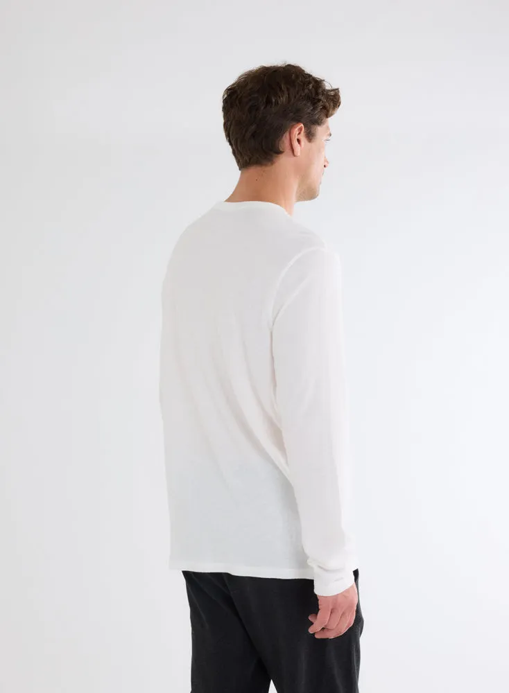 T-shirt Blanc Col Rond Manches Longues en Coton et Cachemire