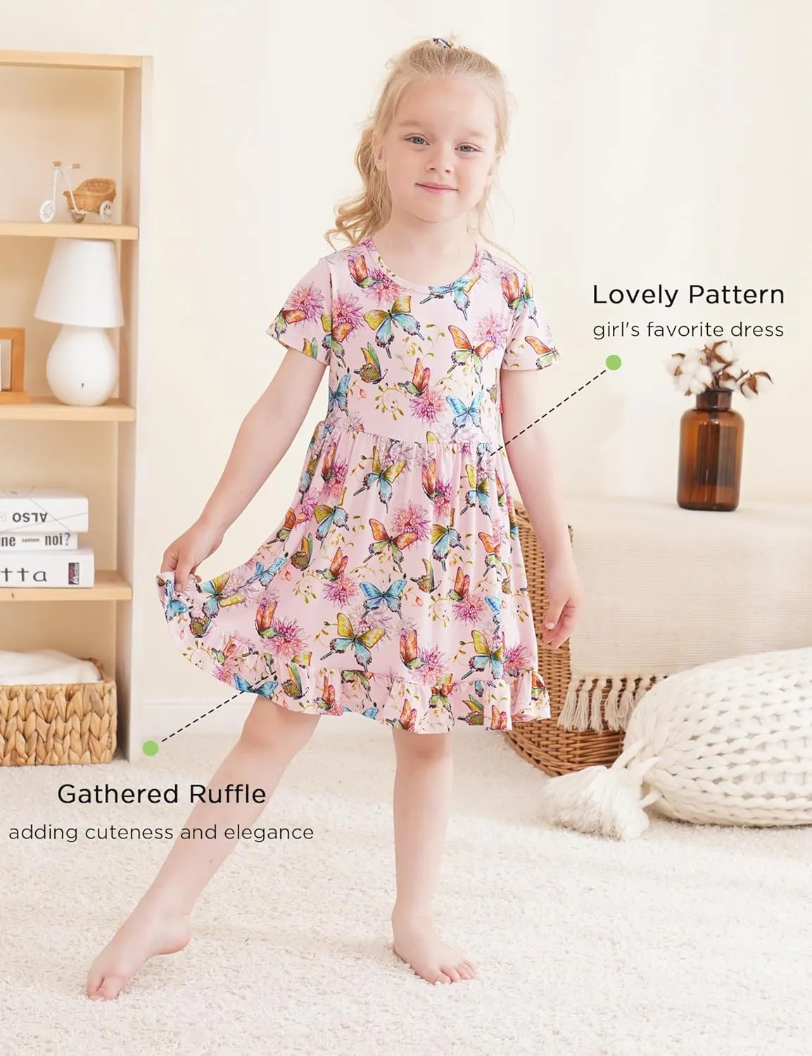 Toddler Girls Short Sleeve Summer Dress Buttery Soft Bamboo Viscose Twirl Dress
