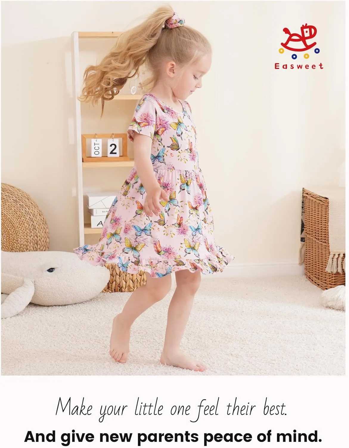 Toddler Girls Short Sleeve Summer Dress Buttery Soft Bamboo Viscose Twirl Dress