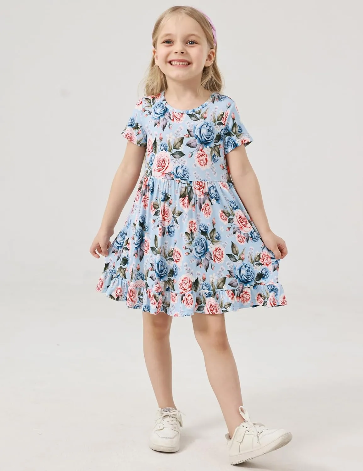 Toddler Girls Short Sleeve Summer Dress Buttery Soft Bamboo Viscose Twirl Dress