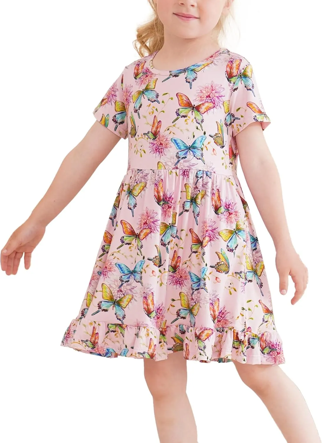 Toddler Girls Short Sleeve Summer Dress Buttery Soft Bamboo Viscose Twirl Dress