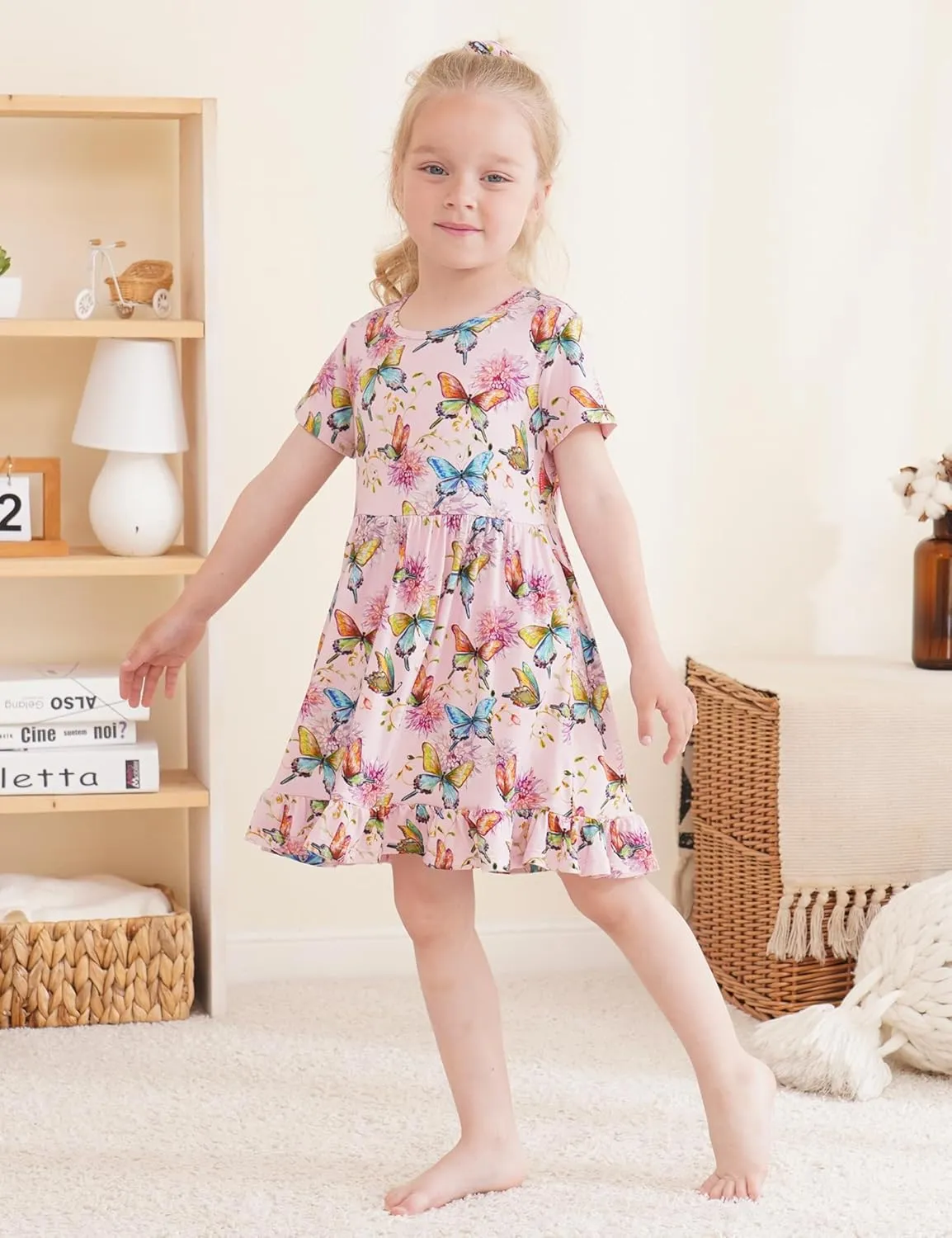 Toddler Girls Short Sleeve Summer Dress Buttery Soft Bamboo Viscose Twirl Dress