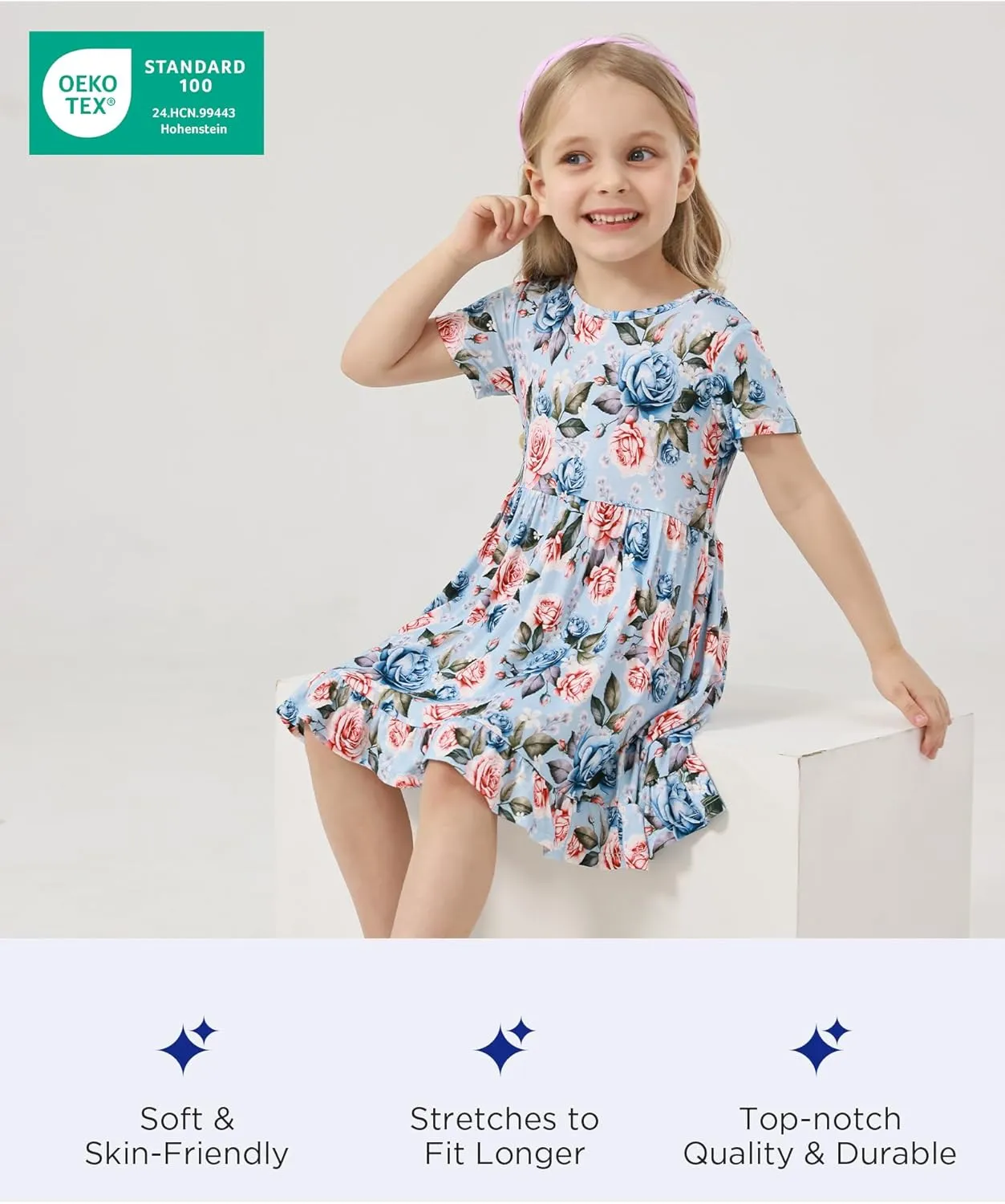 Toddler Girls Short Sleeve Summer Dress Buttery Soft Bamboo Viscose Twirl Dress