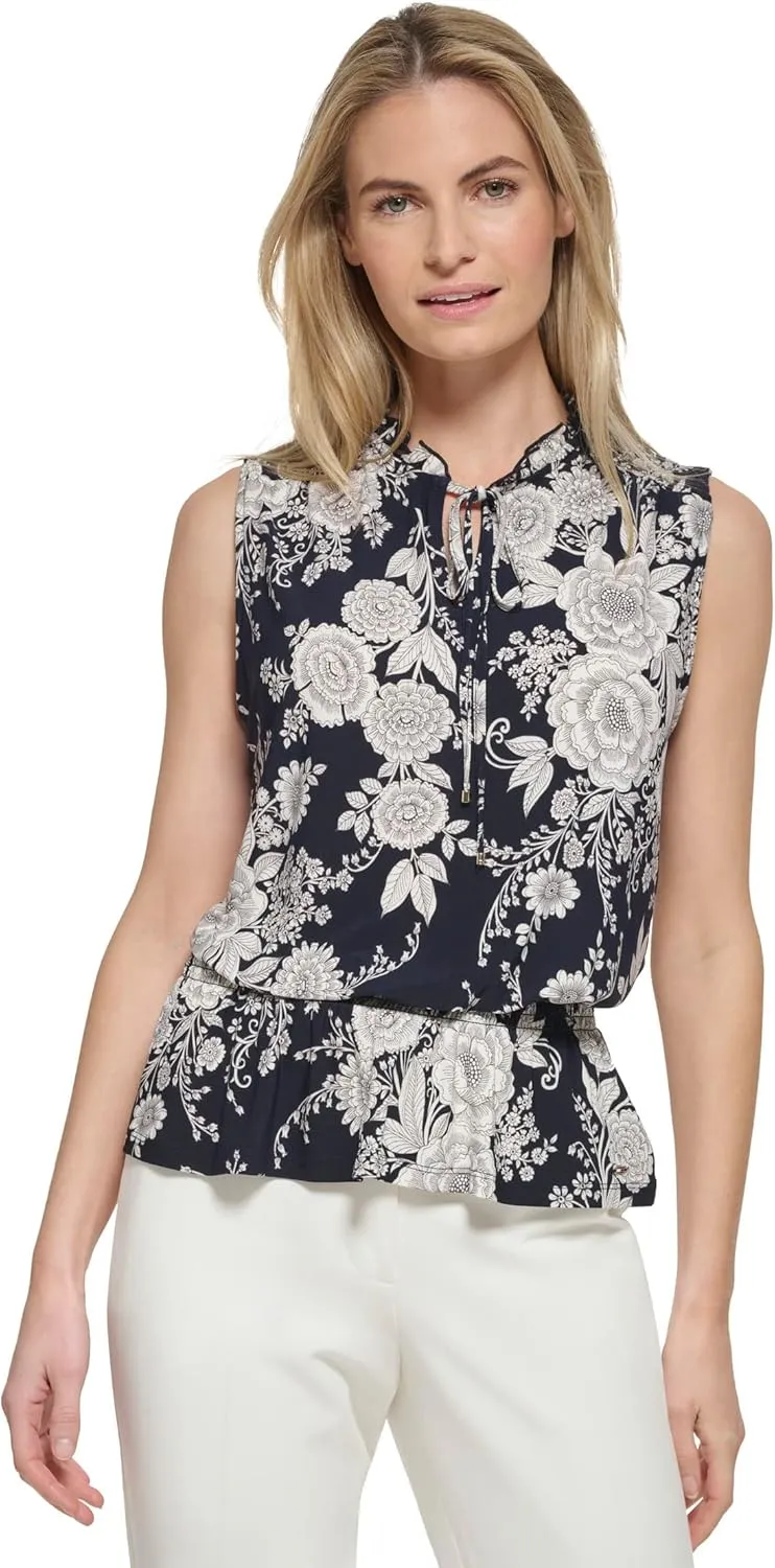 Tommy Hilfiger Women's Printed Knit Blouse with Neck Tie