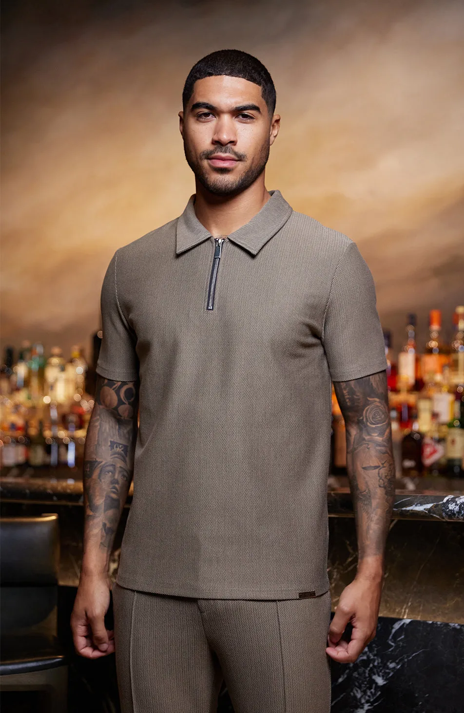 Tormore Geo Textured Zipped Polo in Taupe