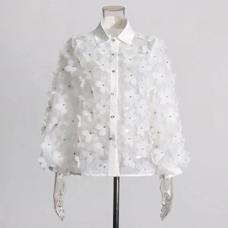 Trend4us Women’s Chic Floral Applique Mesh Blouse