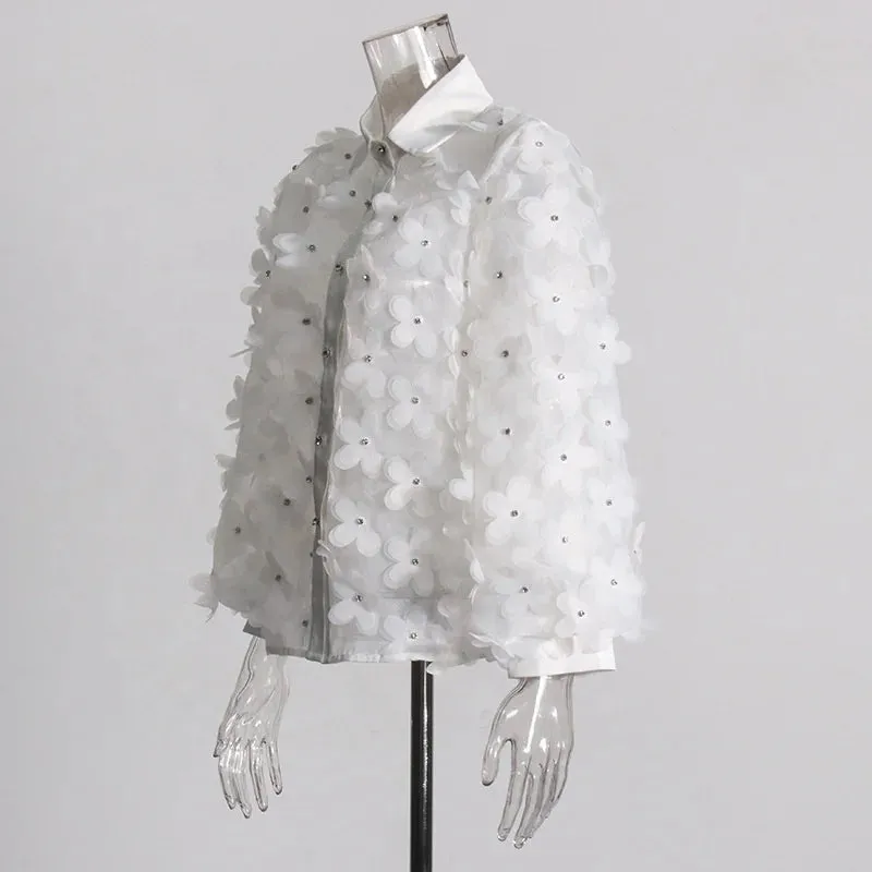 Trend4us Women’s Chic Floral Applique Mesh Blouse
