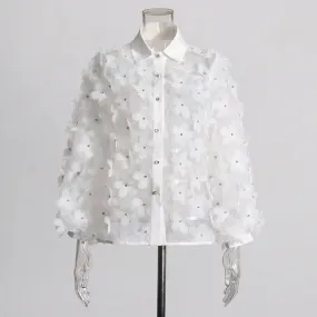 Trend4us Women’s Chic Floral Applique Mesh Blouse
