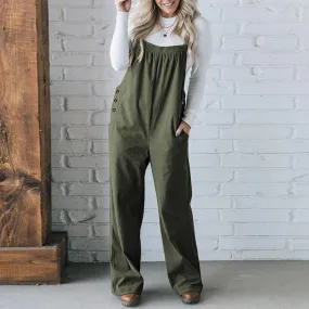 UAKISS  -  Casual Women Strapless Suspenders Romper Vintage Solid Color Pocket Wide Leg Long Jumpsuit Office Lady Corduroy Loose Playsuit