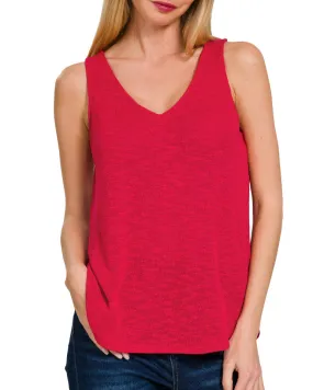 V-Neck Cherry Crush Slub Tank Top (Red)