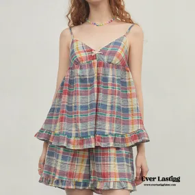 Vintage Inspired Plaid Tank Shorts Pajama Set
