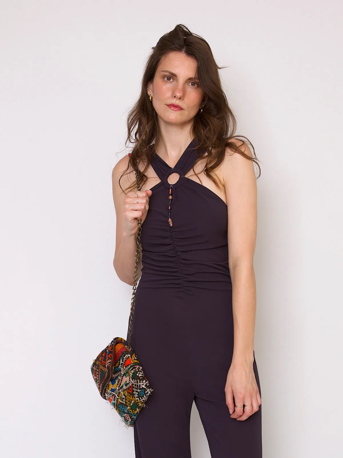 Vintage Lycra jumpsuit prune colour wide leg