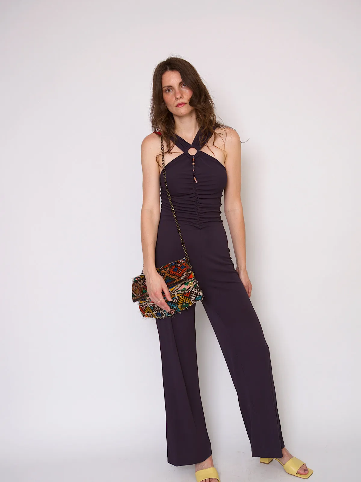 Vintage Lycra jumpsuit prune colour wide leg